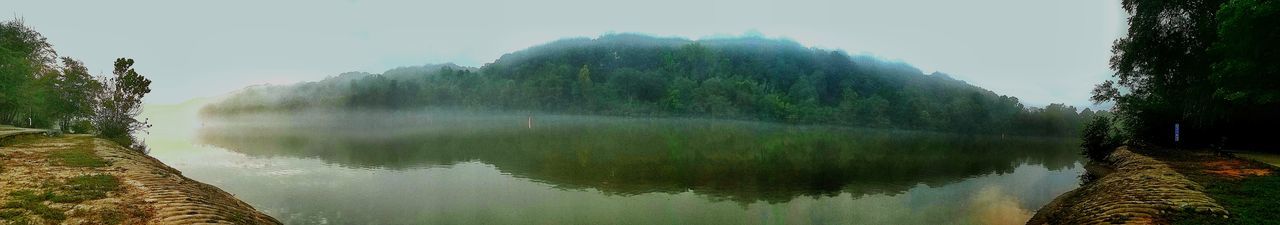 Reflection of trees in lake against clear sky