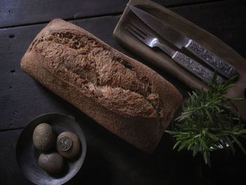 High angle view of bread in plate on table