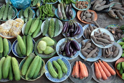 High angle view of various vegetables for sale at market
