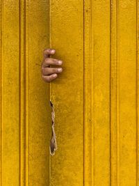 Cropped hand of woman standing on yellow wall