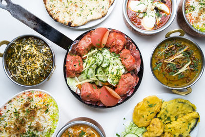 High angle view of food served on table