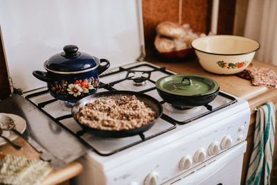 Close-up of breakfast on table at home