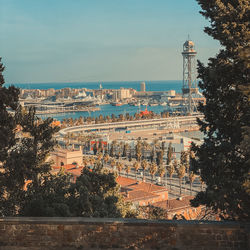 High angle view of city buildings against sky