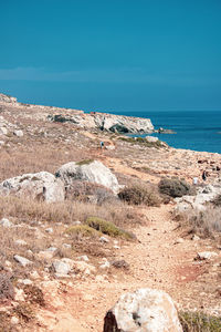 Scenic view of rocks on beach against clear sky