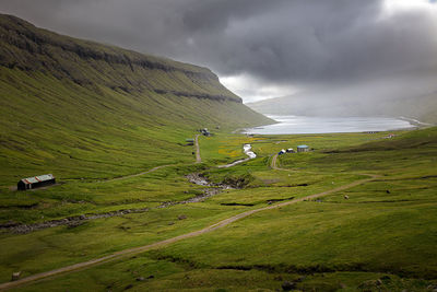 Green valley with cloudy sky on faroe islands