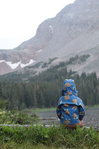 Rear view of person sitting on land