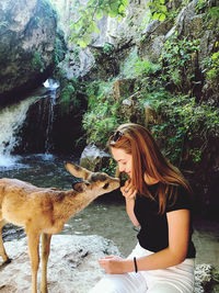 Young woman playing with deer while sitting on rock