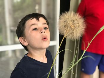 Close-up of boy blowing dandelion in yard