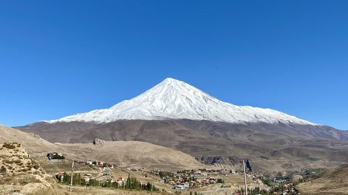 Scenic view of snowcapped mountains against clear blue sky