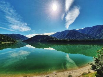 Scenic view of lake and mountains against sky