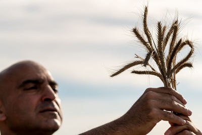 Man holding plants against sky