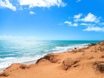 Scenic view of beach against blue sky