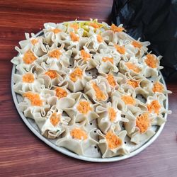 High angle view of food in plate on table