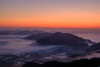 Scenic view of mountains against sky during sunset