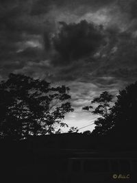 Low angle view of silhouette trees against cloudy sky