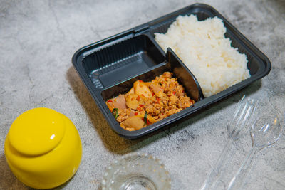 High angle view of food in plate on table