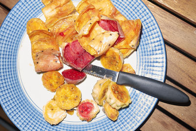 High angle view of breakfast served on table