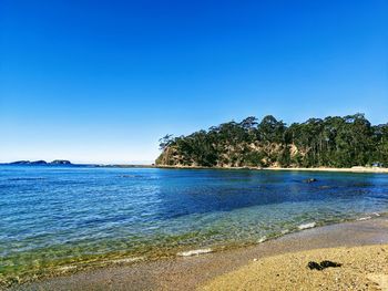 Scenic view of sea against clear blue sky