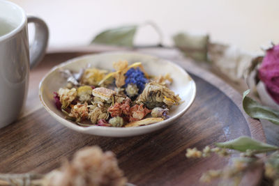 Close-up of breakfast served on table