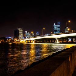 Illuminated bridge over river at night