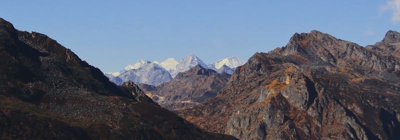 Snow capped himalaya mountains and arid landscape of tawang, close to the india china border