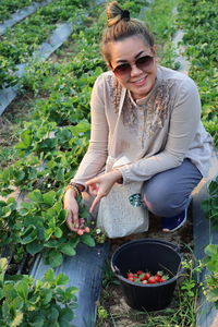 High angle portrait of woman wearing sunglasses picking strawberries in farm