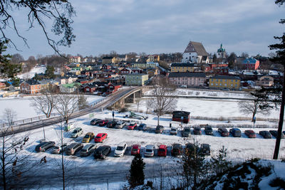 High angle view of cars on road in winter