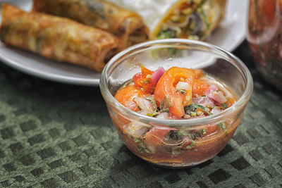 High angle view of food in bowl on table