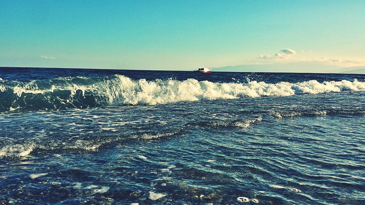 sea, water, horizon over water, wave, waterfront, scenics, beauty in nature, splashing, motion, nature, clear sky, surf, rippled, tranquil scene, sky, seascape, tranquility, blue