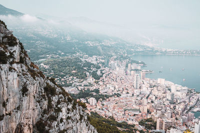 Panoramic view of monaco and sea coast from mountain top. cityscape from above