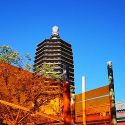 Low angle view of buildings against clear blue sky