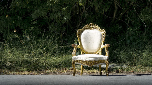 Empty white armchair on road against plants