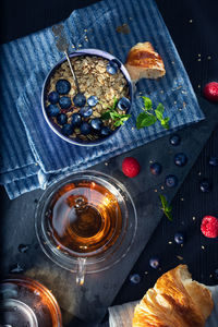 High angle view of beer in glass on table