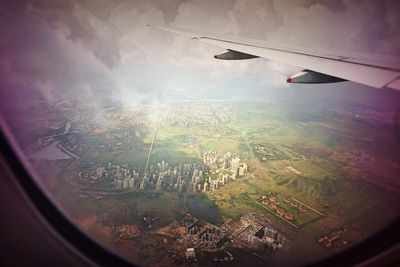 Aerial view of airplane wing