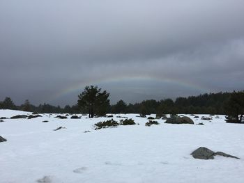 Scenic view of snow covered field against sky