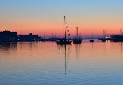 Sailboats in marina at sunset