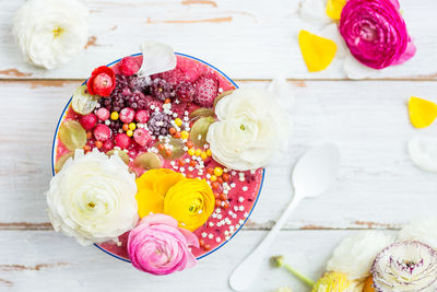 High angle view of rose bouquet on table