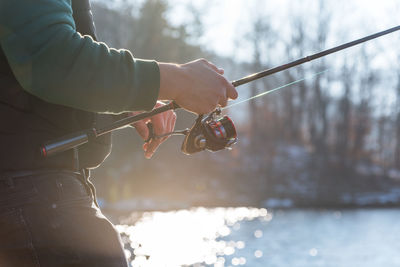 Fishing on the lake at sunset. fishing background.