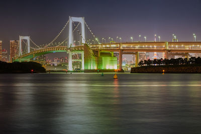 Illuminated bridge over river at night