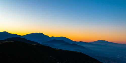 Scenic view of silhouette mountains against clear sky