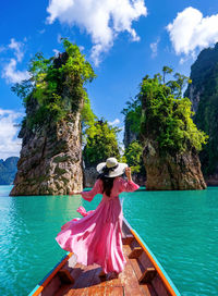 Rear view of woman against sea and trees against sky