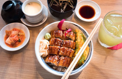 High angle view of meal served on table