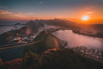 Aerial view of river and mountains against sky during sunset