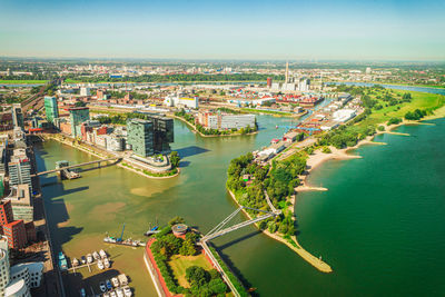 High angle view of river amidst buildings in city dusseldorf media harbour