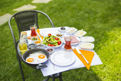 High angle view of breakfast on table