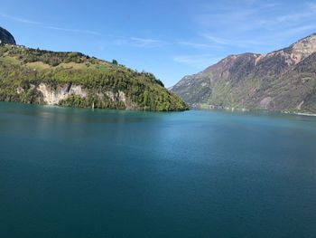 Scenic view of lake and mountains against sky