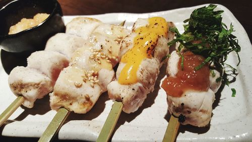 High angle view of food on barbecue