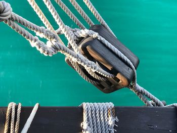 Close-up of a pulley in a boat