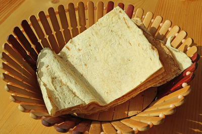 High angle view of breakfast on table