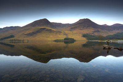 Scenic view of lake and mountains against sky